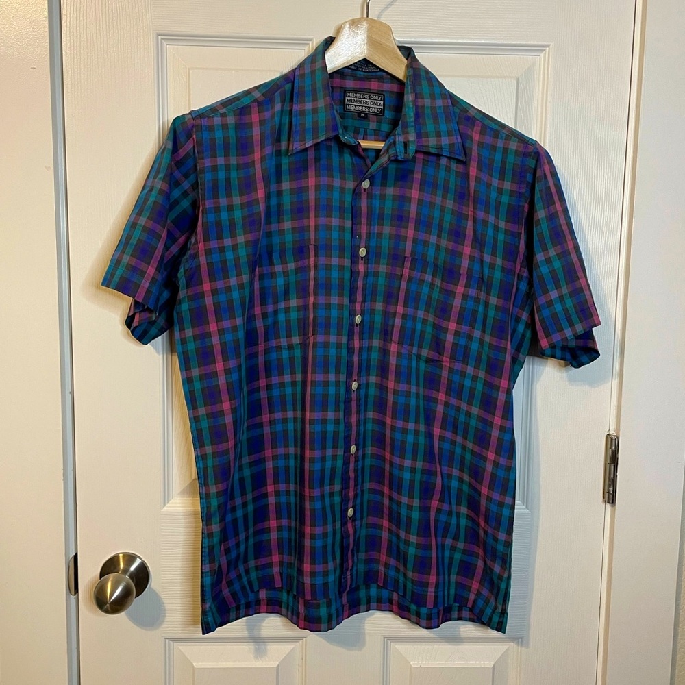 VTG Members Only black/blue/pink/green plaid short sleeve button down shirt sz M - Picture 1 of 10